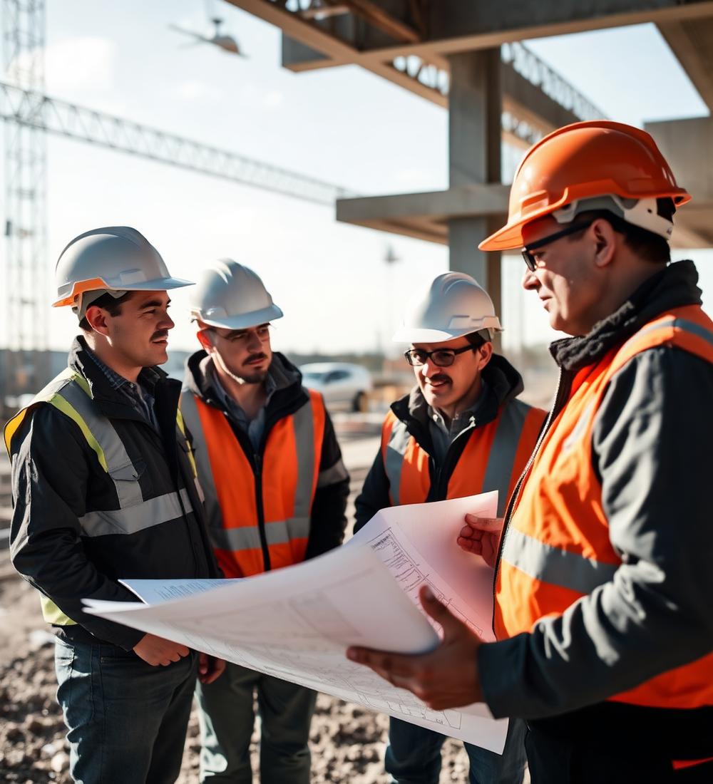 Equipa da INFRACORREIA a analisar plantas em obra